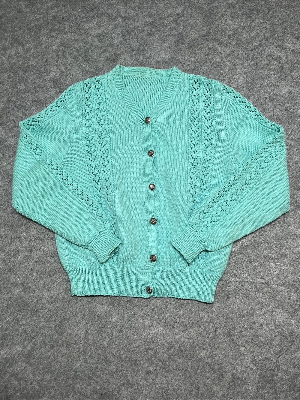 Turquoise Hand Knit Button-Up Cardigan Sweater